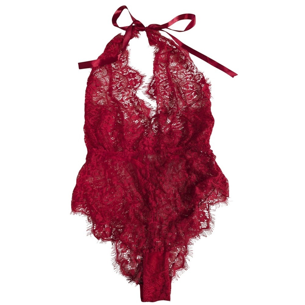Sheer Lace Halter Teddy Bodysuit Deep V‎ Neck Red Ribbon Tie Size S